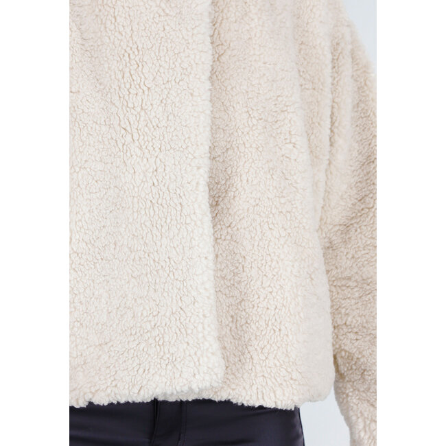 Beige Teddyjacke mit weicher Fleece-Textur und Stehkragen