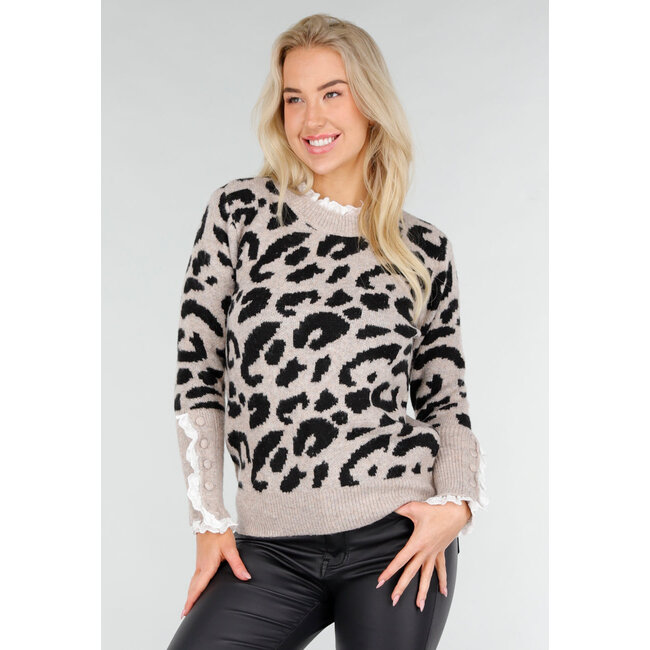 Strickpullover mit Leopardenmuster und Spitzendetails an Hals und Ärmeln