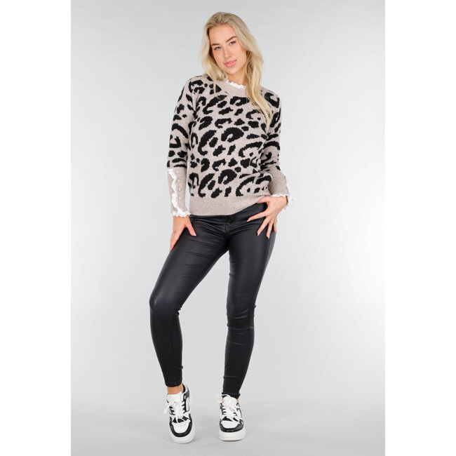 Strickpullover mit Leopardenmuster und Spitzendetails an Hals und Ärmeln