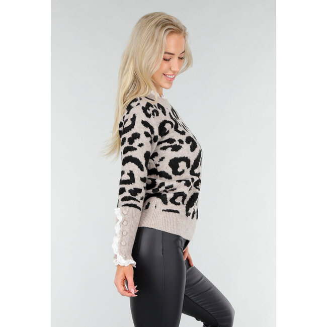 Strickpullover mit Leopardenmuster und Spitzendetails an Hals und Ärmeln