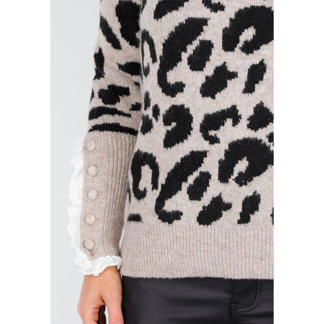 Strickpullover mit Leopardenmuster und Spitzendetails an Hals und Ärmeln