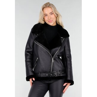 Schwarze Bikerjacke mit Kunstfell