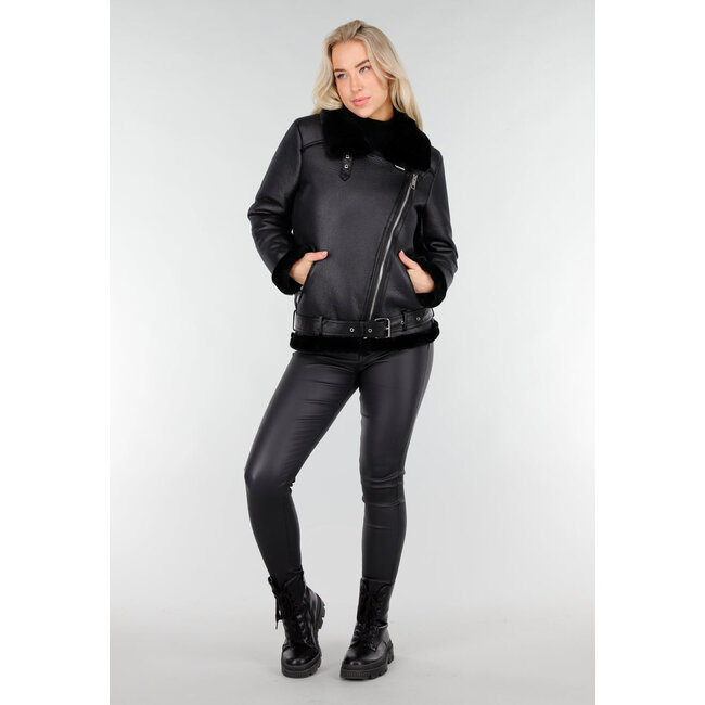 Schwarze Bikerjacke aus Kunstleder mit Kunstfell