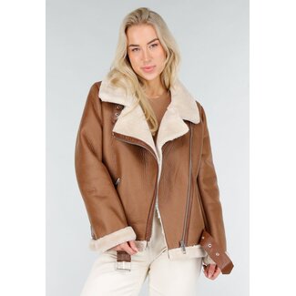 Braune Bikerjacke mit Kunstfell