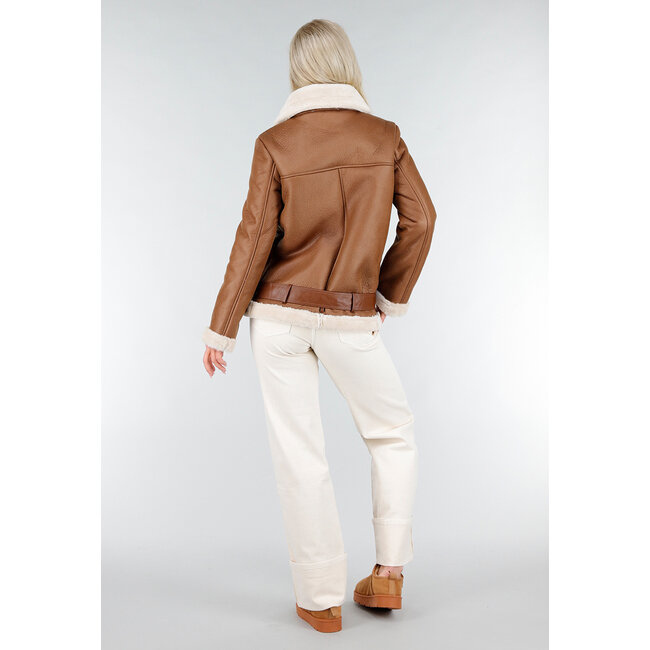 Braune Imitation Leder Biker Jacke mit Kunstfell