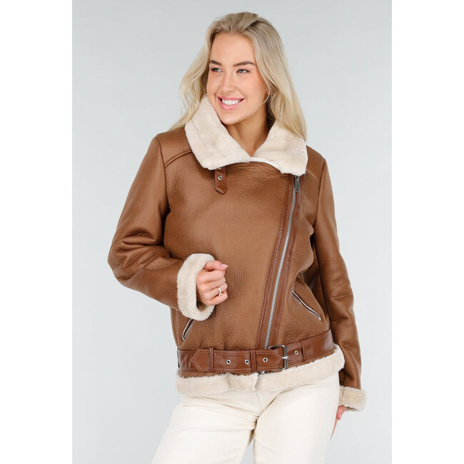 Braune Imitation Leder Biker Jacke mit Kunstfell