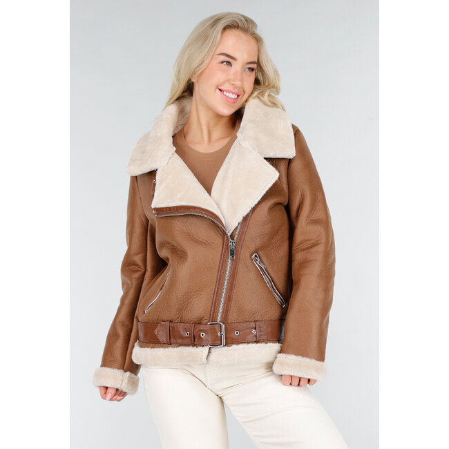 Braune Imitation Leder Biker Jacke mit Kunstfell