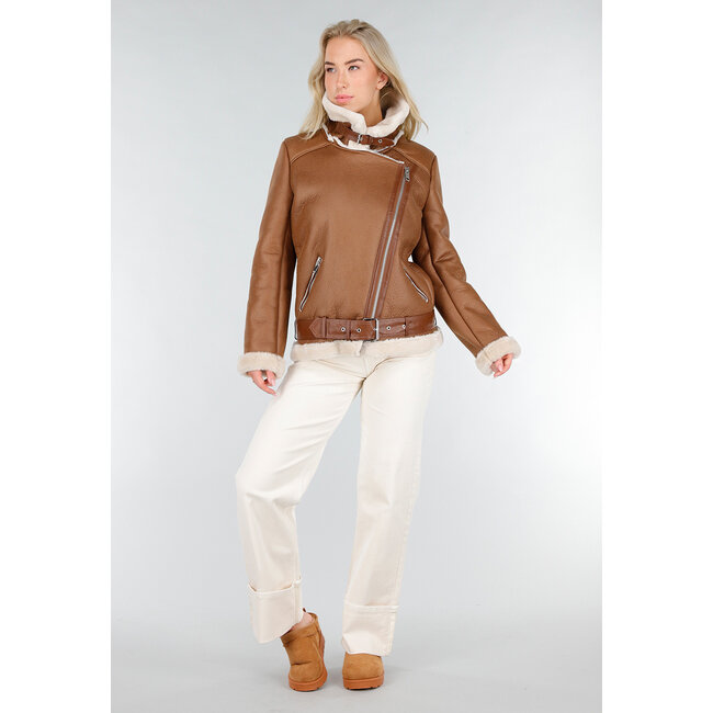 Braune Imitation Leder Biker Jacke mit Kunstfell