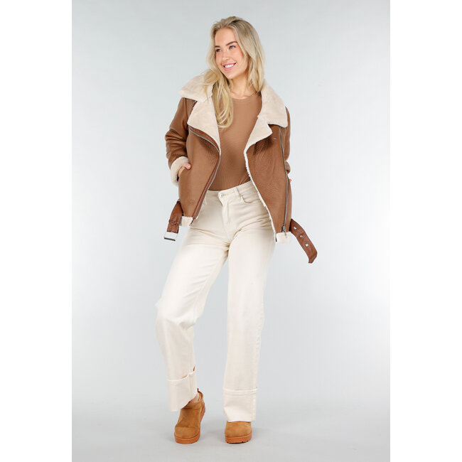 Braune Imitation Leder Biker Jacke mit Kunstfell