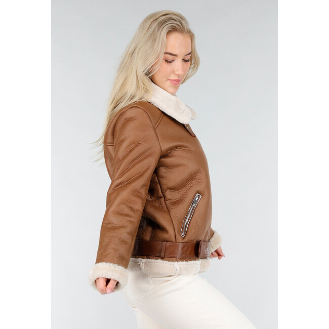 Braune Imitation Leder Biker Jacke mit Kunstfell