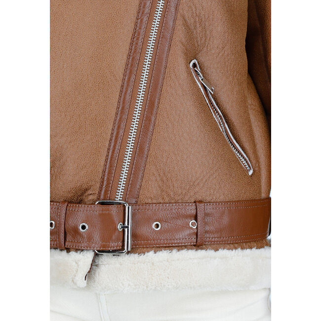 Braune Imitation Leder Biker Jacke mit Kunstfell
