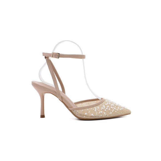 Beige Pumps mit Pailletten und Perlen