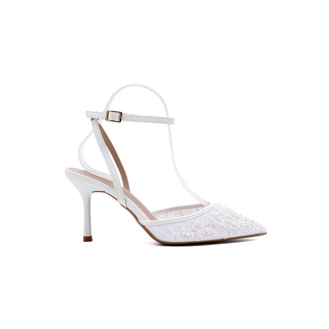 Weiße High Heels mit Pailletten und Perlen