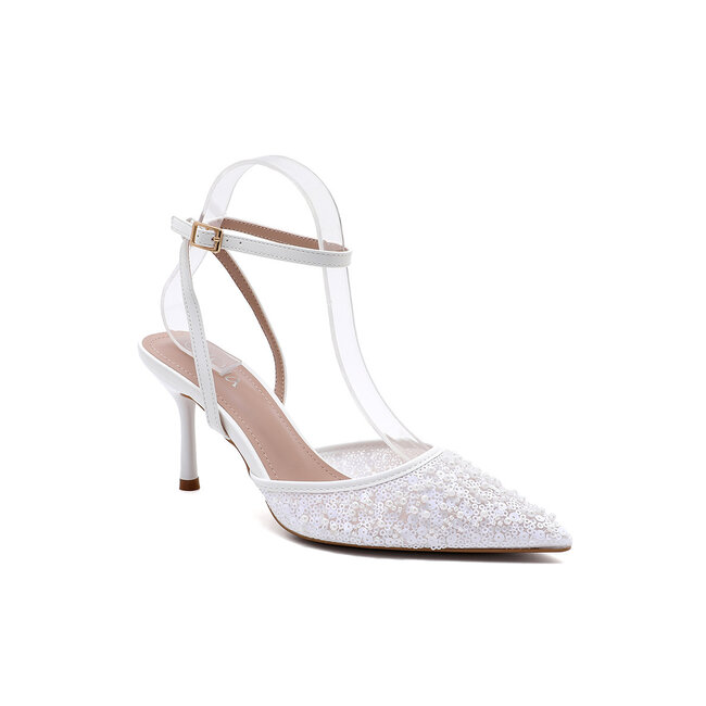 Weiße High Heels mit Pailletten und Perlen