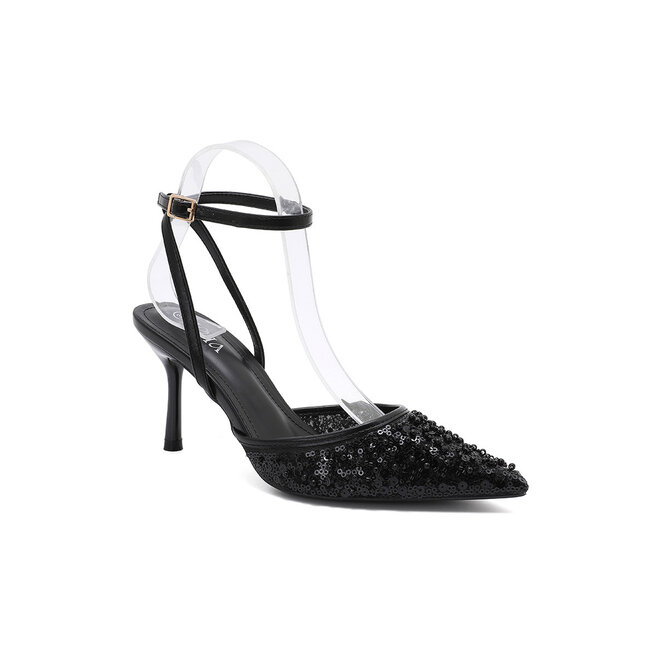Schwarze High Heels mit Pailletten und Perlen