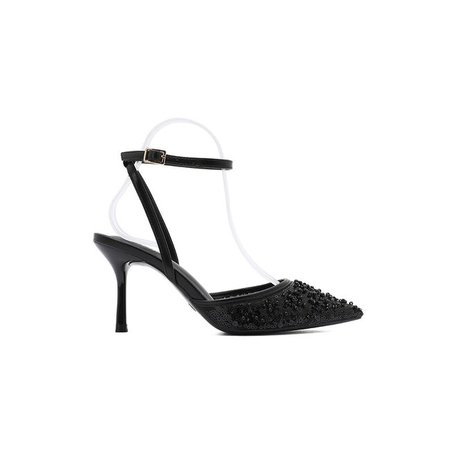 Schwarze High Heels mit Pailletten und Perlen