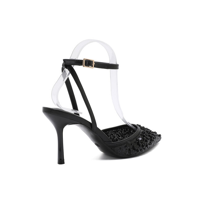 Schwarze High Heels mit Pailletten und Perlen