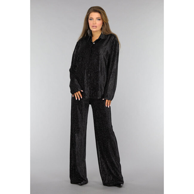 Schwarzer Samt-Glitzer-Zweiteiler mit weit geschnittener Hose