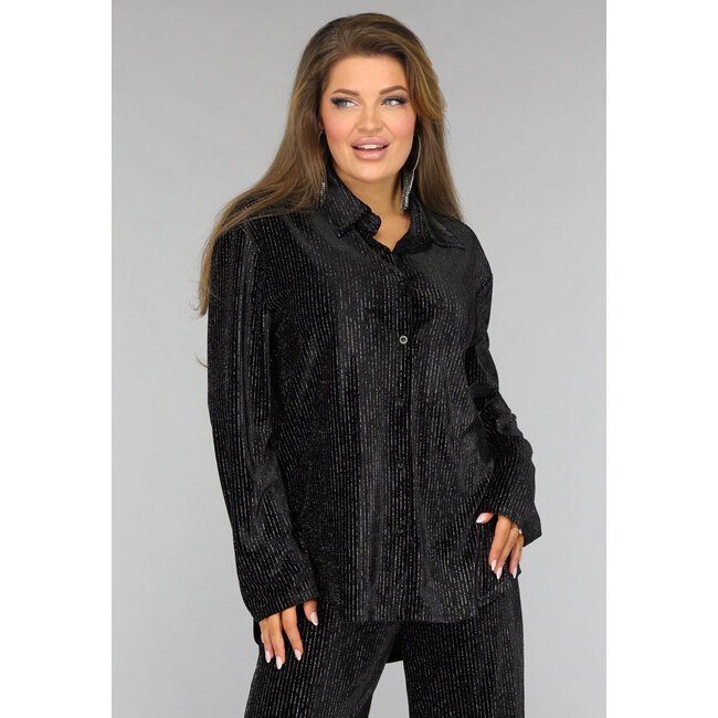 Schwarzer Samt-Glitzer-Zweiteiler mit weit geschnittener Hose