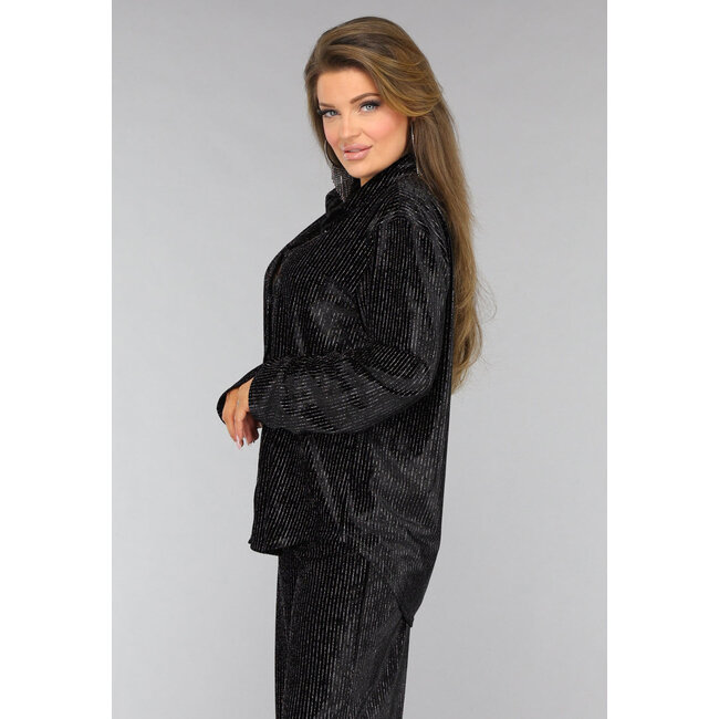 Schwarzer Samt-Glitzer-Zweiteiler mit weit geschnittener Hose