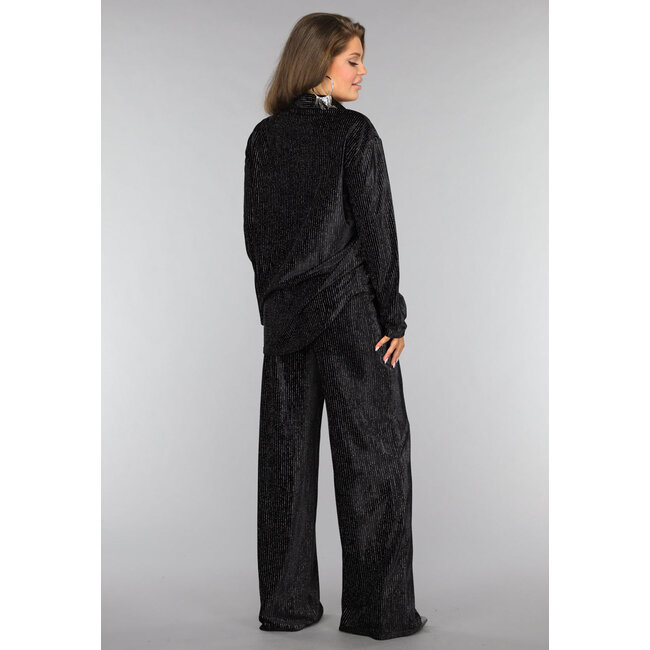 Schwarzer Samt-Glitzer-Zweiteiler mit weit geschnittener Hose