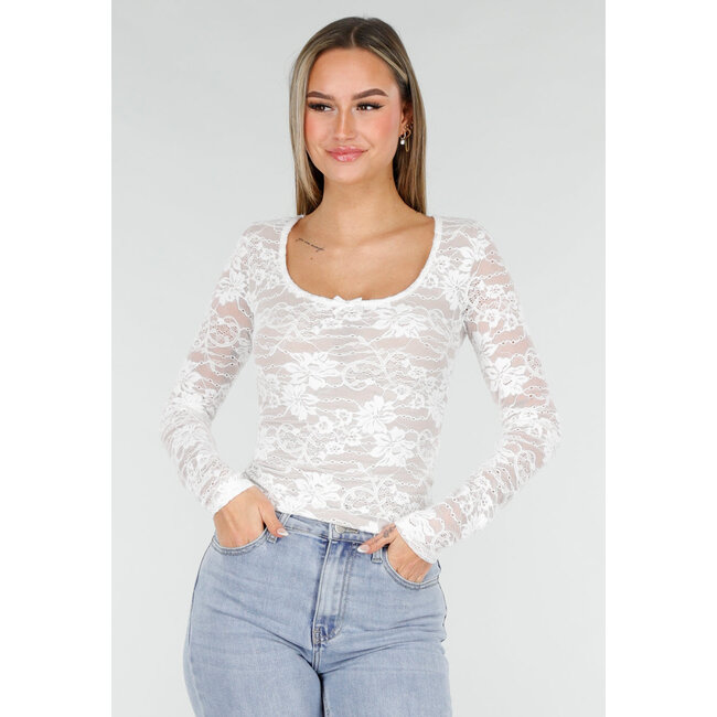 Weißes Stretch-Oberteil mit langen Ärmeln und Spitze