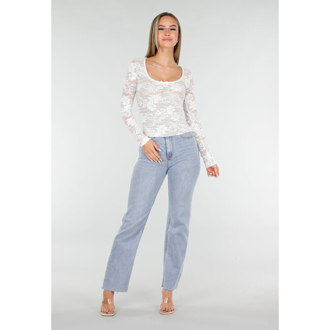 Weißes Stretch-Oberteil mit langen Ärmeln und Spitze