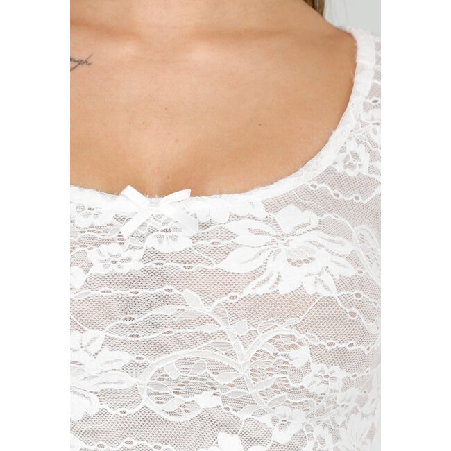 Weißes Stretch-Oberteil mit langen Ärmeln und Spitze