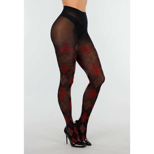 Rotbraune 50-Den-Strumpfhose mit Argyle-Muster