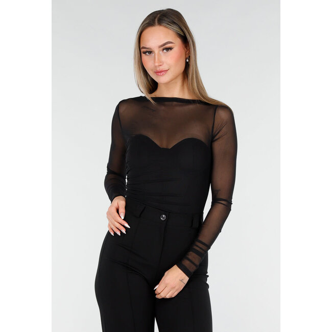 Schwarzer Mesh-Body mit langen Ärmeln