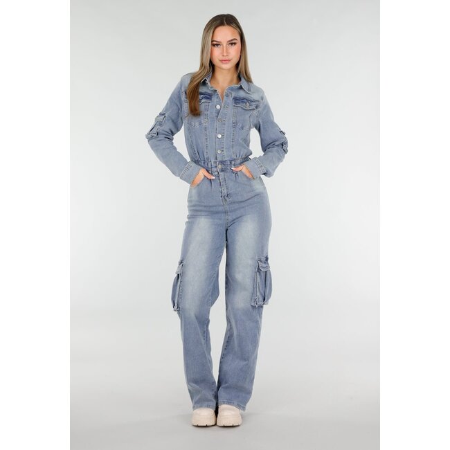 Denim-Cargo-Jumpsuit Blau