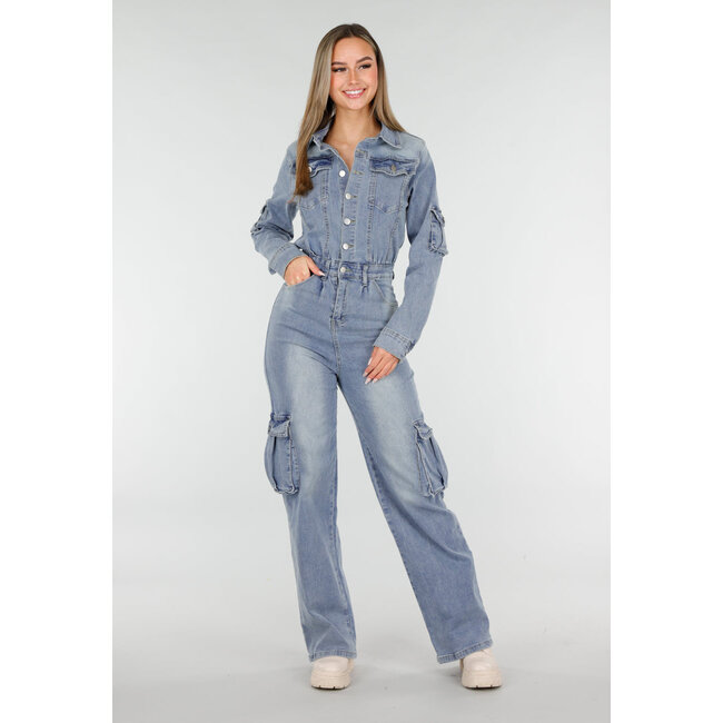 Denim-Cargo-Jumpsuit Blau