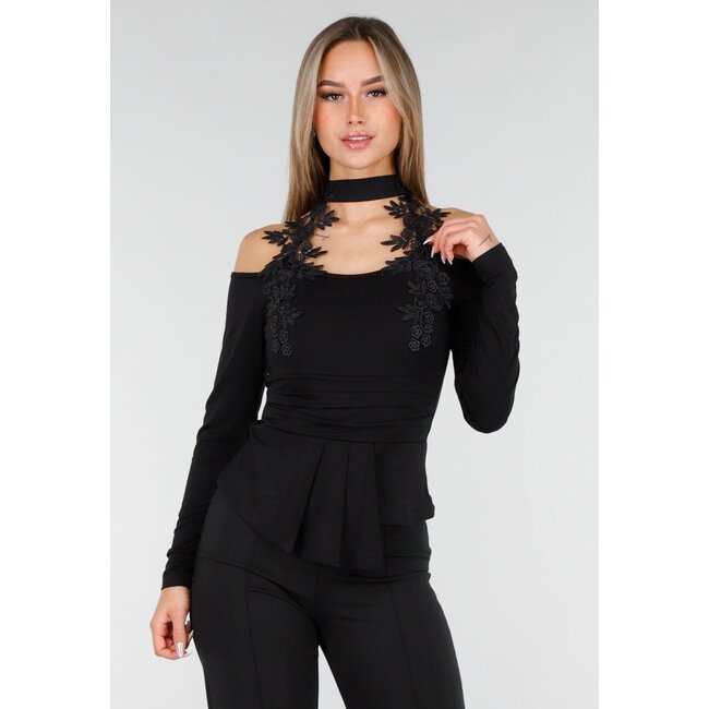 Cold Shoulder Peplum Top mit Choker Schwarz