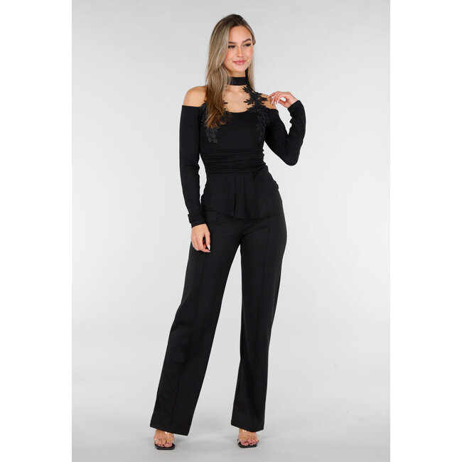 Cold Shoulder Peplum Top mit Choker Schwarz