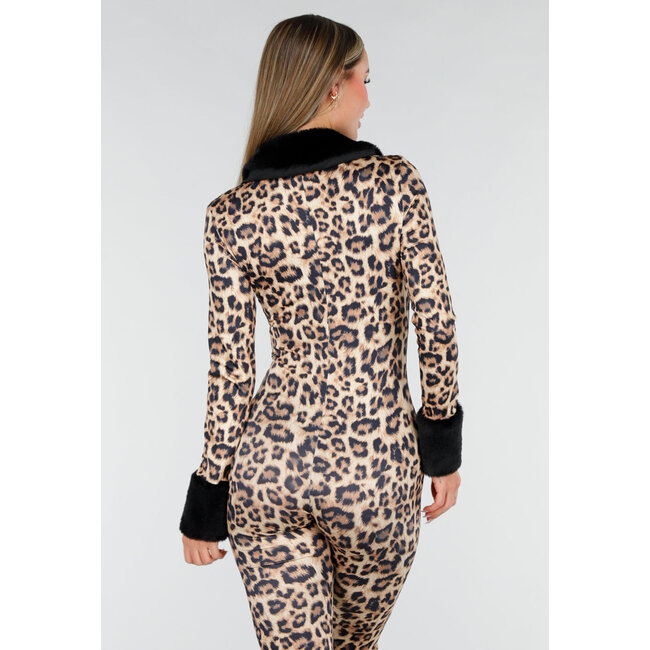 Leopard Print Jumpsuit mit Pelzkragen