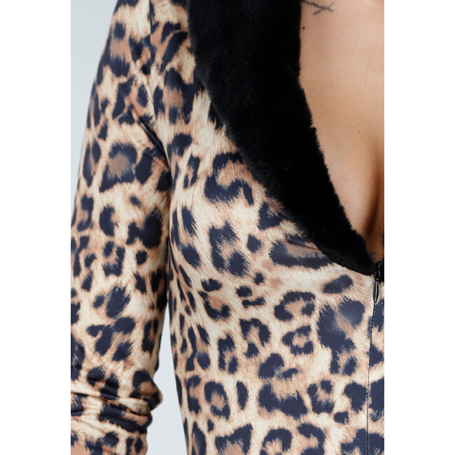 Leopard Print Jumpsuit mit Pelzkragen