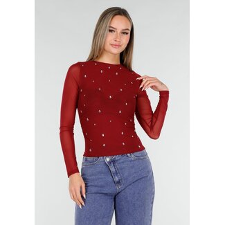 Bordeauxrotes Mesh-Oberteil mit Nieten