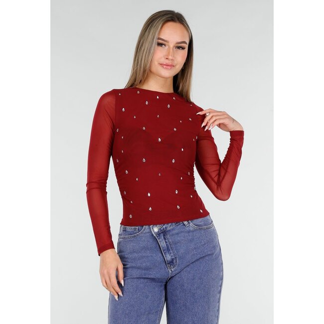 Bordeauxrotes Mesh-Oberteil mit Nieten