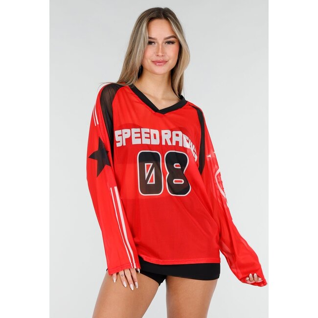 Rotes Mesh-Jersey-Oberteil mit langen Ärmeln