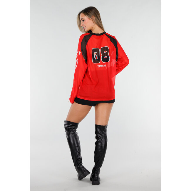 Rotes Mesh-Jersey-Oberteil mit langen Ärmeln