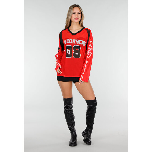 Rotes Mesh-Jersey-Oberteil mit langen Ärmeln