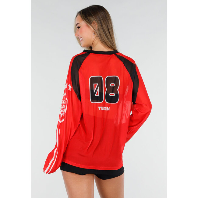 Rotes Mesh-Jersey-Oberteil mit langen Ärmeln