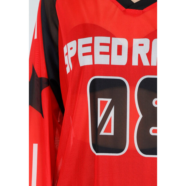 Rotes Mesh-Jersey-Oberteil mit langen Ärmeln