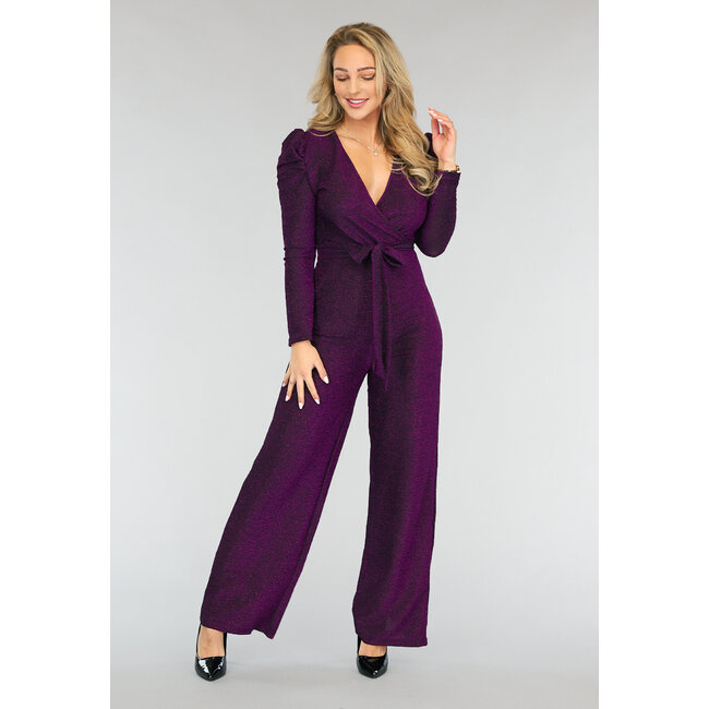 Lila Glitzer Puff Jumpsuit mit Taillenband