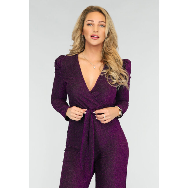 Lila Glitzer Puff Jumpsuit mit Taillenband