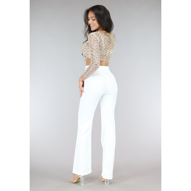 Goldfarbenes langärmeliges Mesh-Top mit Perlen