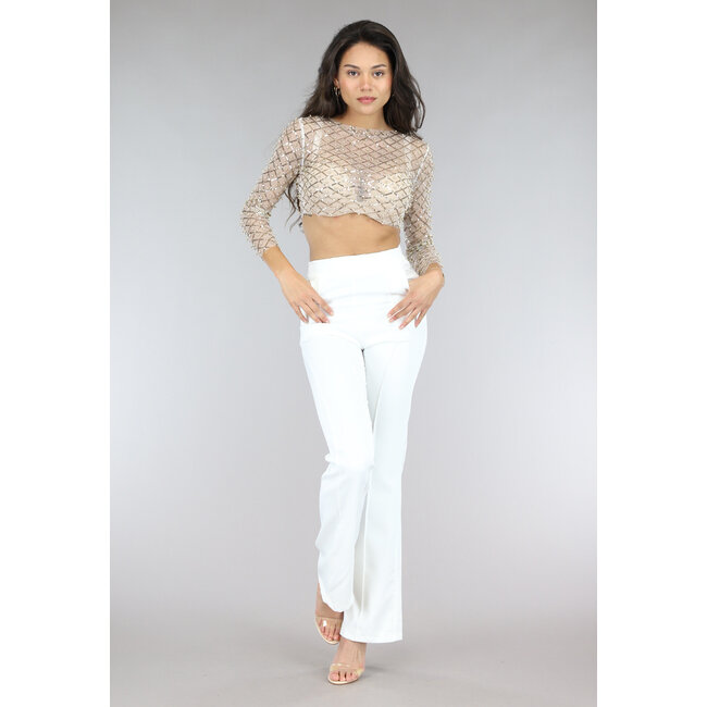 Goldfarbenes langärmeliges Mesh-Top mit Perlen