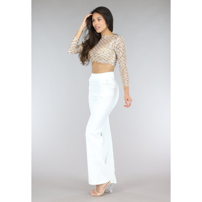 Goldfarbenes langärmeliges Mesh-Top mit Perlen