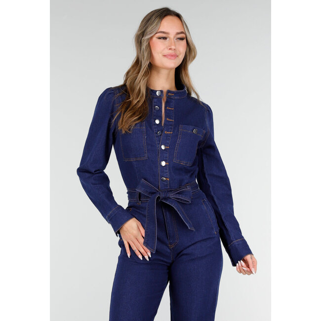 Denim-Jumpsuit mit Schleifengürtel Blau