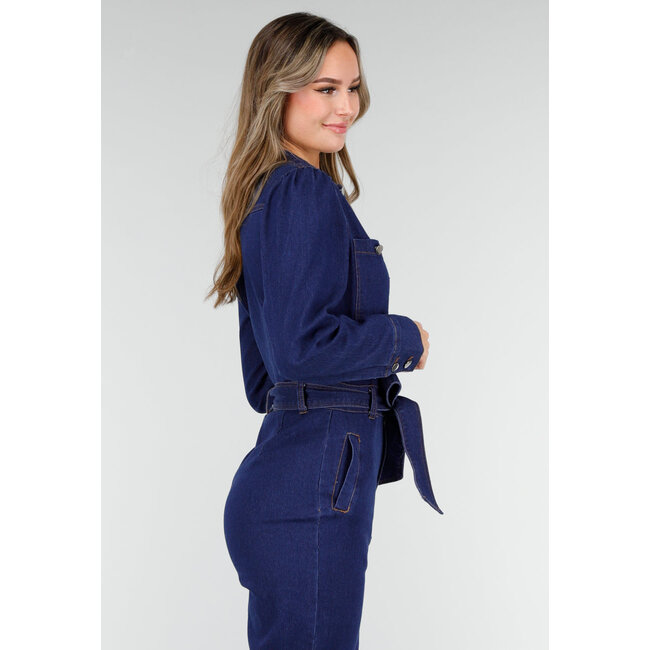 Denim-Jumpsuit mit Schleifengürtel Blau